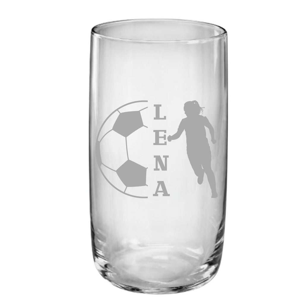 Trinkglas mit Fußball Motiv für Mädchen, graviert, mit Namen personalisiert, Geschenk für kleine oder große Fußballerinnen, ART.-NR. TGFM2