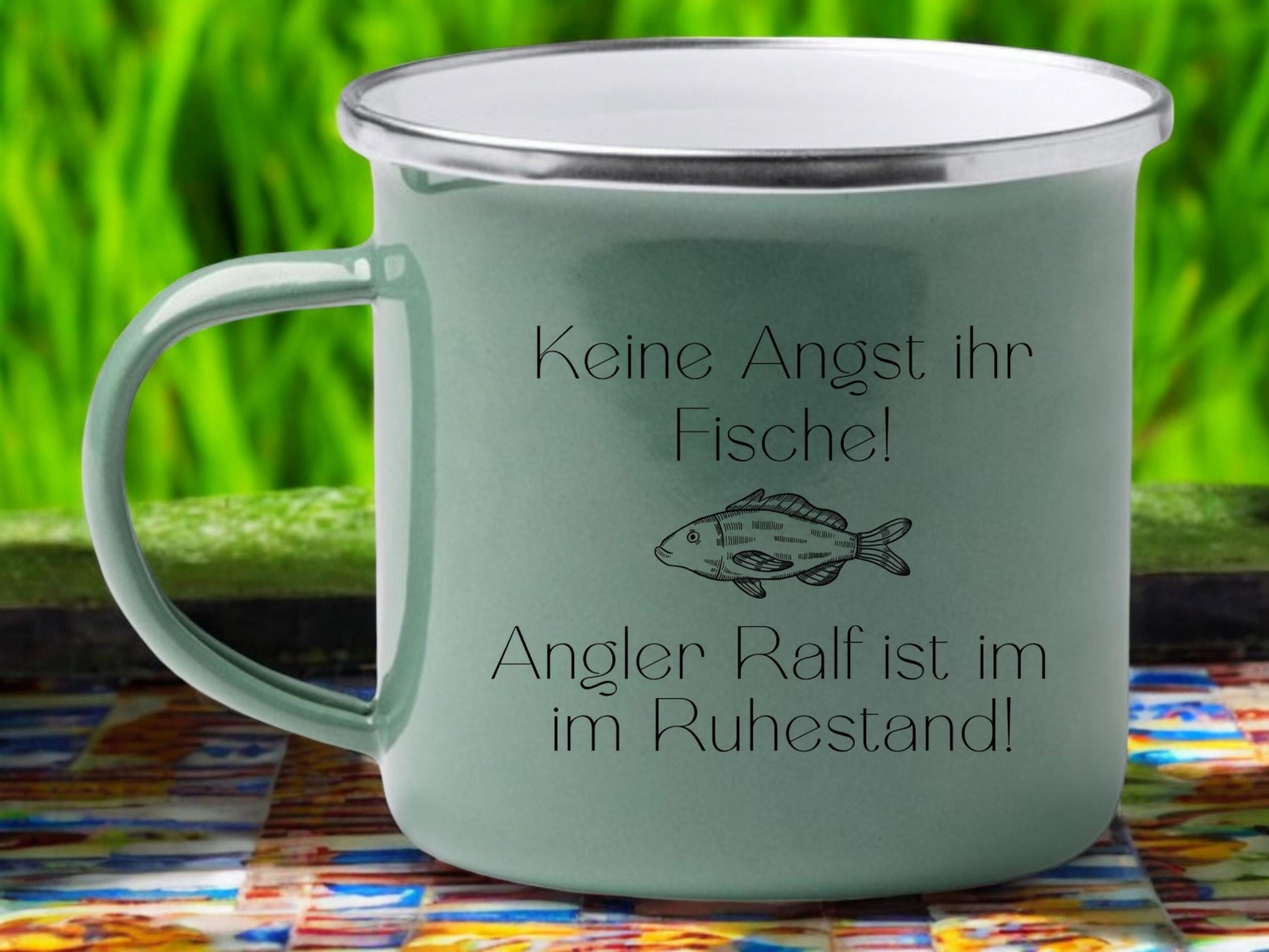 Emaille Becher Angler Spruch, Geschenk für Angler, personalisiert mit Namen  Art.-Nr. KER-0104_2