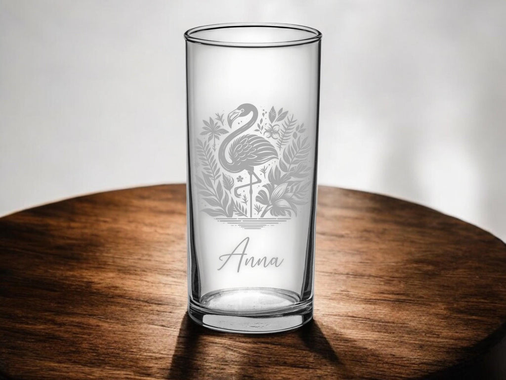 Flamingo Kinder Trinkglas mit Gravur, personalisiert mit Namen oder Wunschtext, 3 versch. Glasformen,  Geschenk für Flamingofans, Art.Nr.F1