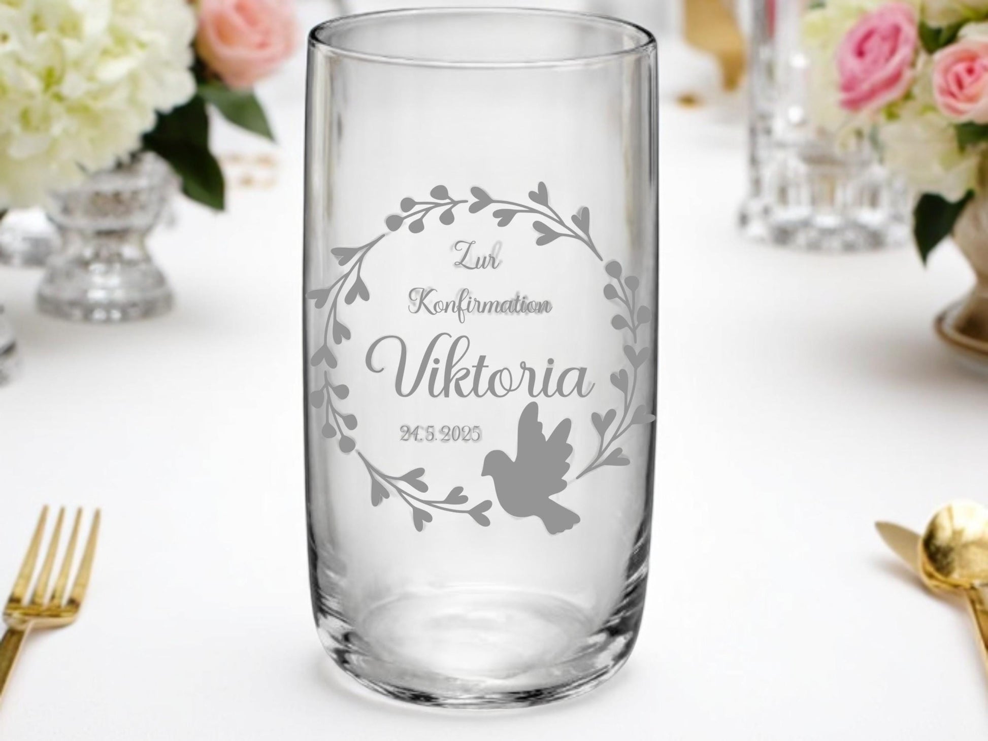 Trinkglas Kommunion, Konfirmation, Taufe, Geschenk Geburt, für Jungen und Mädchen, Erinnerungsgeschenk, graviert, personalisiert, mit Namen