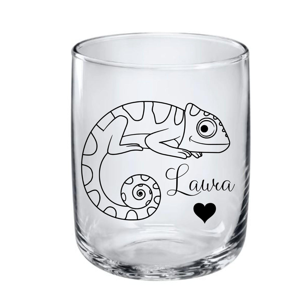 Trinkglas Chamäleon, mit Namen und Wunsch-Chamäleon graviert, Trinkspaß mit Chamäleon, personalisiertes Geschenk, Echsen Motiv, Gravur