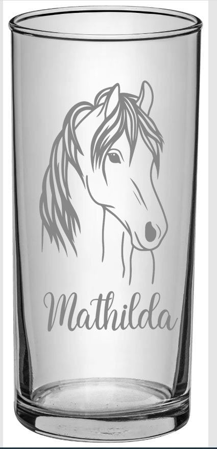 Pferde Kinder Trinkglas mit Gravur, personalisiert mit Namen oder Wunschtext, 3 versch. Glasformen,  Geschenk für Pferdefreunde, Art.Nr.P1