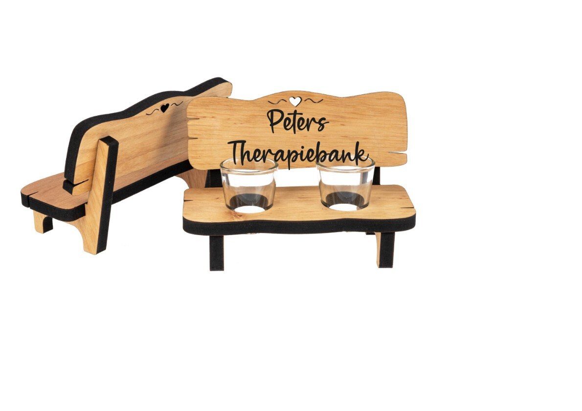 Schnapsbank aus Holz mit 2 Gläsern – Individuelle Gravur & Wunschname – Perfekte Therapiebank, lustiges Geburtstagsgeschenk aus massive Erle
