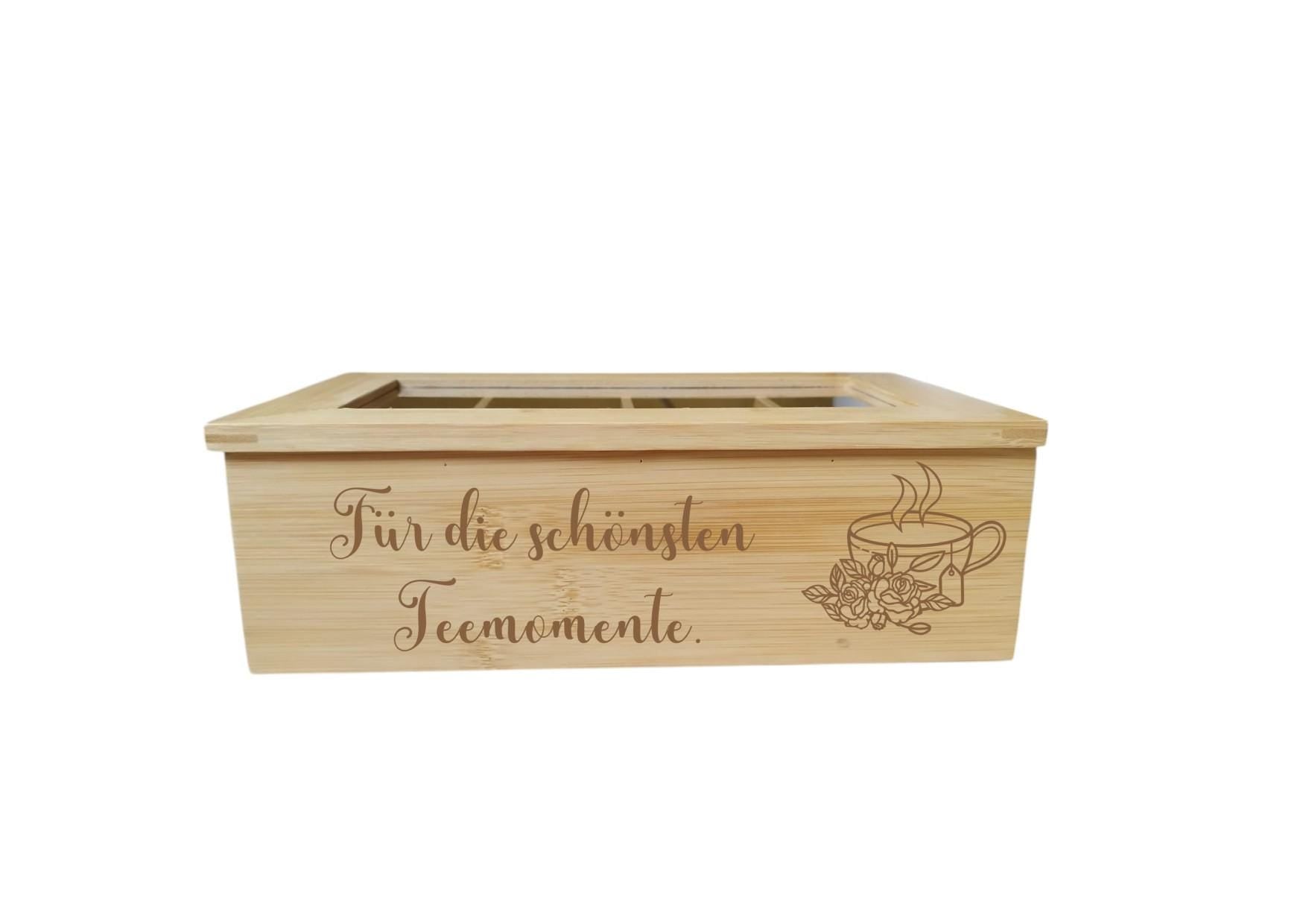 Personalisierte Tee Box - Ein einzigartiges Geschenk für Teeliebhaber! aus Bambus, mit 8 Fächern, mit Wunschgravur! Teekiste, TB1