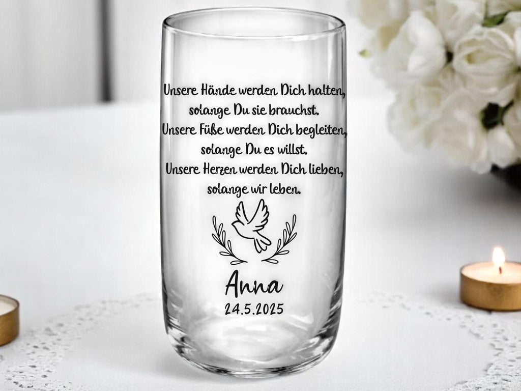 Trinkglas Kommunion, Konfirmation oder Taufe, personalisiert, graviert, Geschenk, mit Namen und Spruch, Gastgeschenk, Junge o. Mädchen