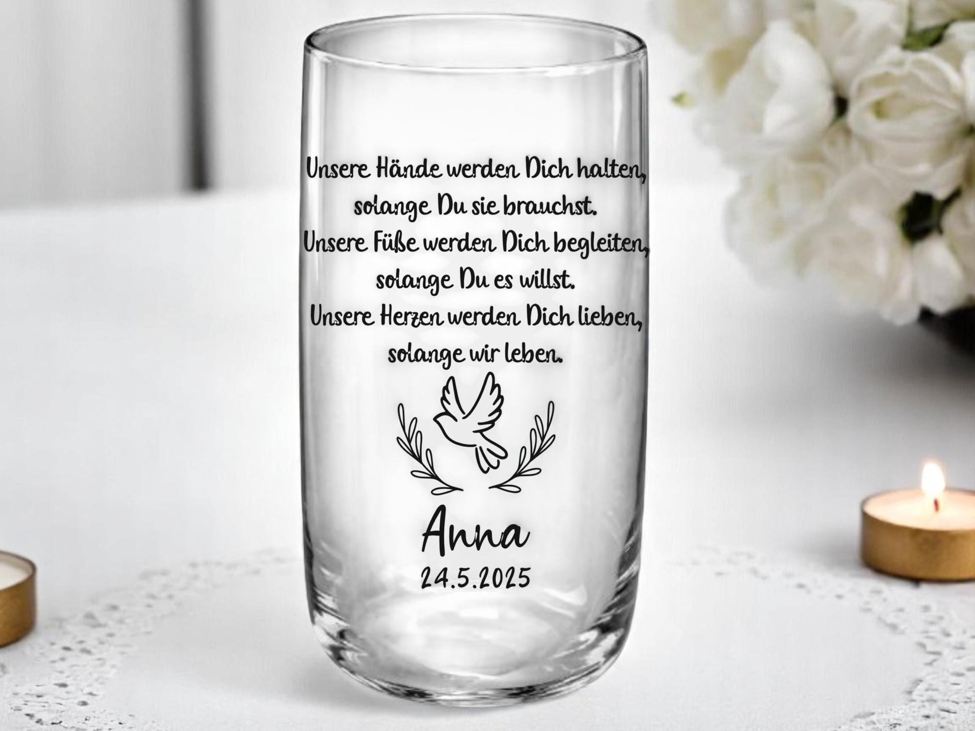 Trinkglas Kommunion, Konfirmation oder Taufe, personalisiert, graviert, Geschenk, mit Namen und Spruch, Gastgeschenk, Junge o. Mädchen