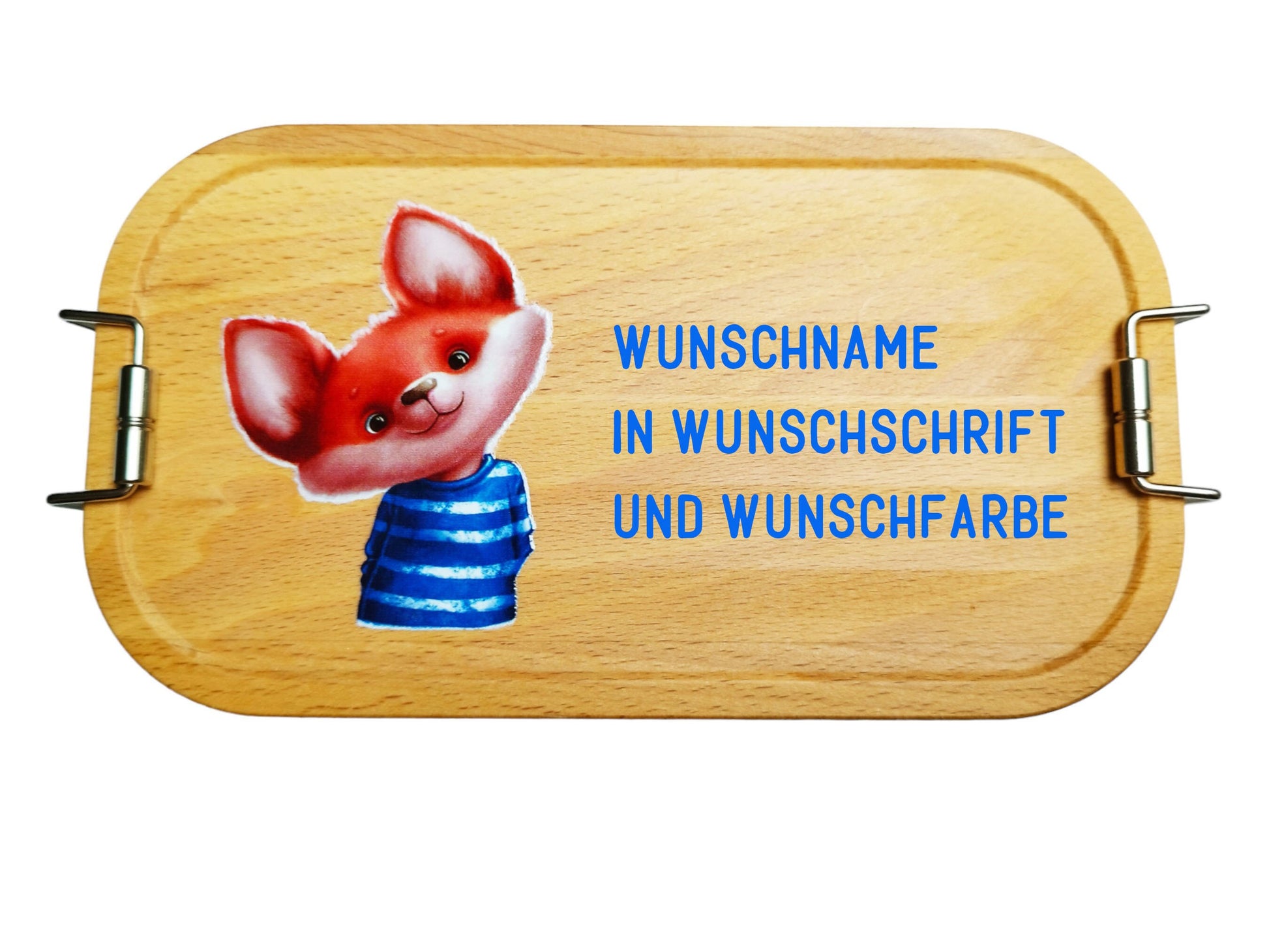 Brotdose, Lunchbox mit Trennsteg, Buchenholzdeckel, mit Fuchmotiv und Wunschnamen, für den Kindergarten oder Schule, Geschenk personalisiert