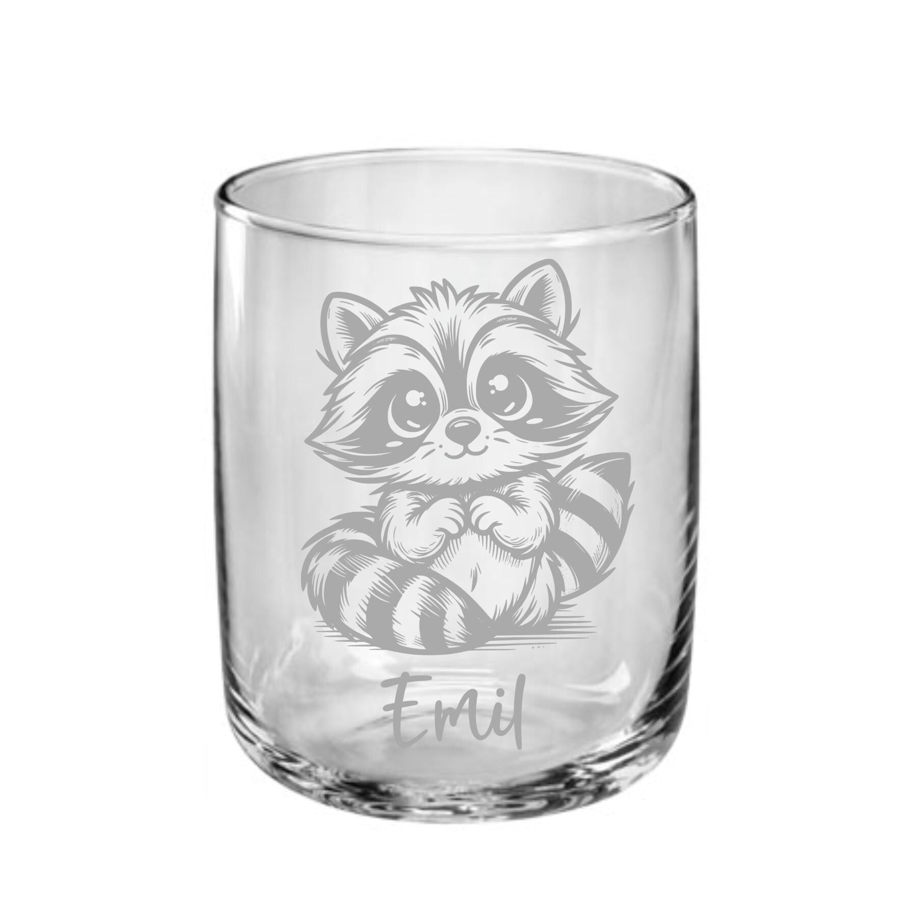Einzigartiges, personalisiertes Kindertrinkglas, mit Waschbär + Namen graviert, 3 versch. Glasformen, Geburtstagsgeschenk, Art.Nr. TG-W1