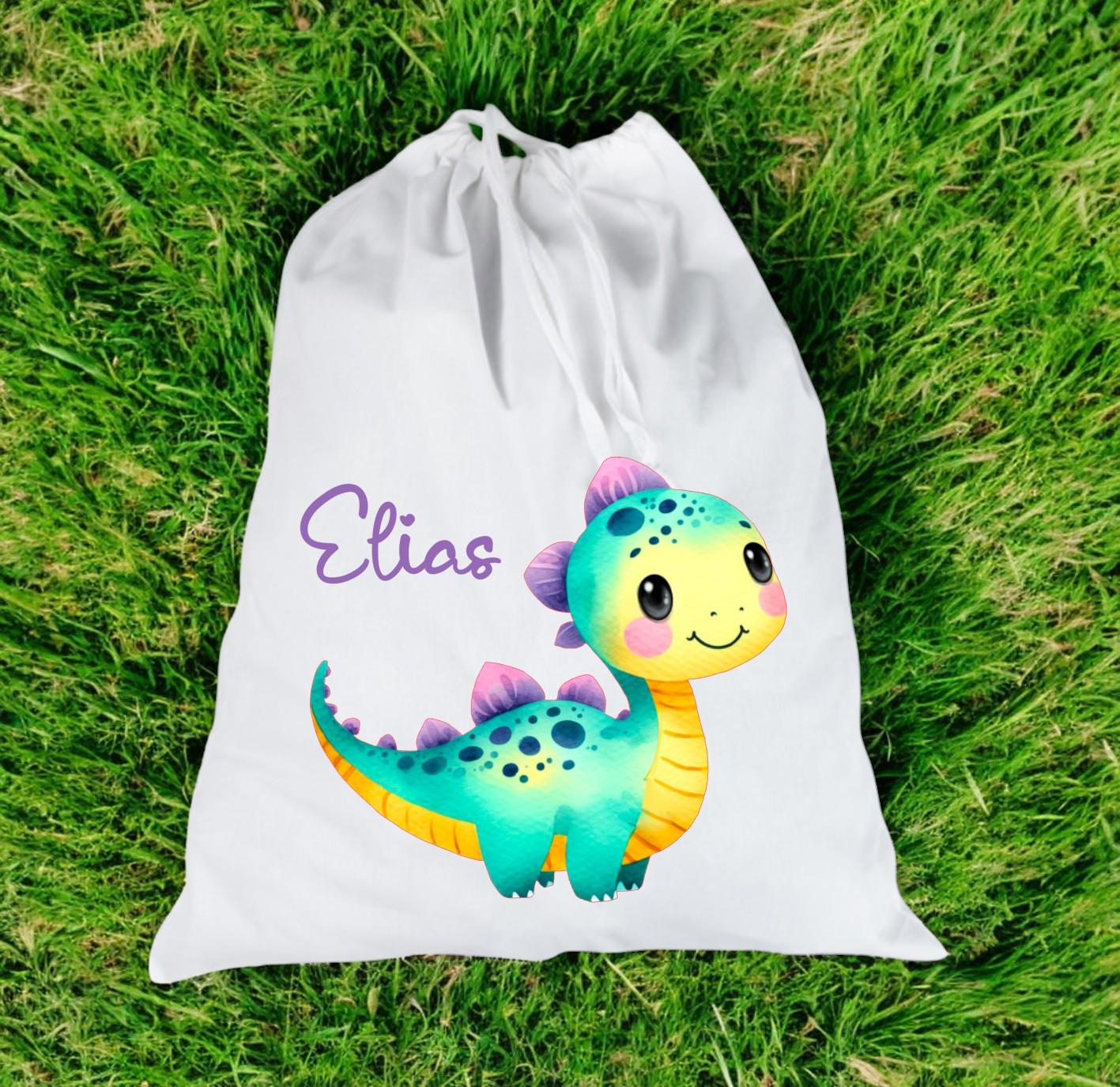 Großer Wäschebeutel, mit niedlichem Dino und deinem Wunschnamen, waschbar, mit Zuziehkordel, für die Wechselwäsche im Kindergarten
