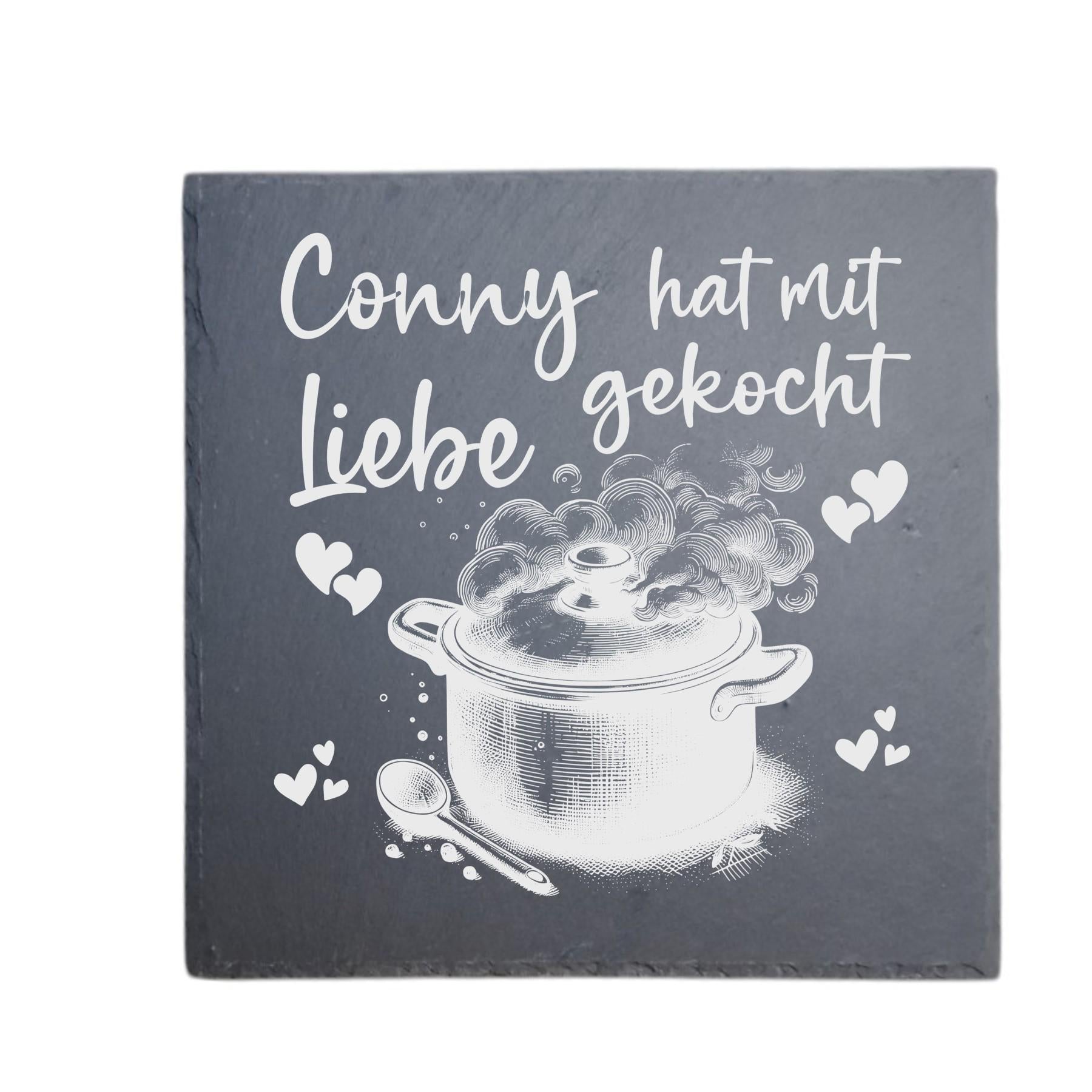 Topfuntersetzer aus Schiefer, graviert, personalisiert, Geschenk zum Einzug, Geschenk für die Küche, 20x20 cm, Art.-Nr. US2