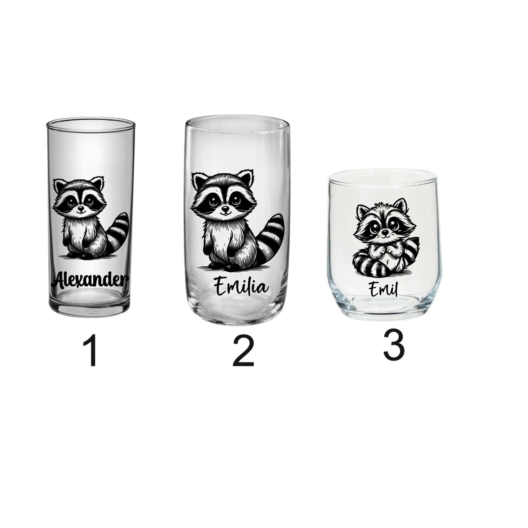 Einzigartiges, personalisiertes Kindertrinkglas, mit Waschbär + Namen graviert, 3 versch. Glasformen, Geburtstagsgeschenk, Art.Nr. TG-W1