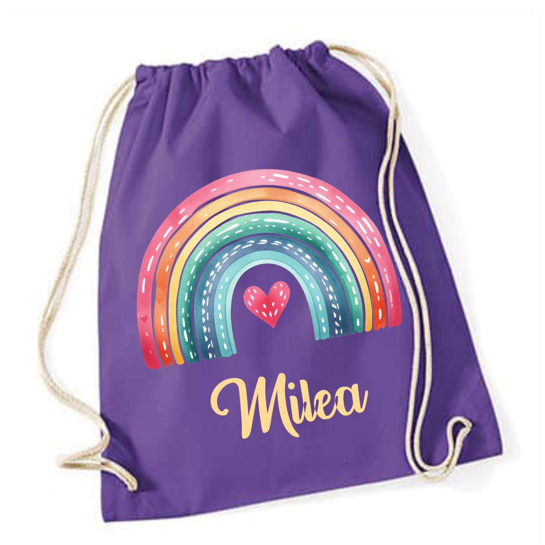 Turnbeutel Regenbogen mit Namen personalisiert, viele Farben Schriftarten, Geschenk für Schule, Kindergarten & Freizeit, Zugschnur, Rucksack