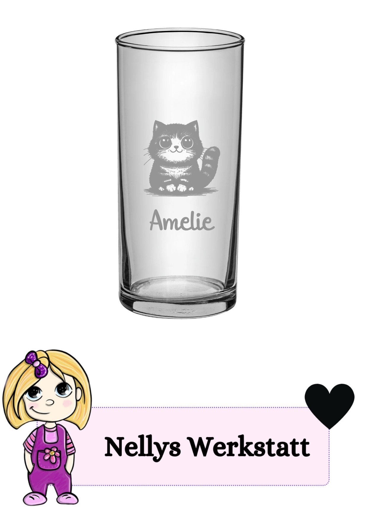 Kinder Trinkglas mit Gravur, personalisiert mit Namen, Wunschtext, versch. Katzen Motive, Wasserglas, graviert, Geschenk