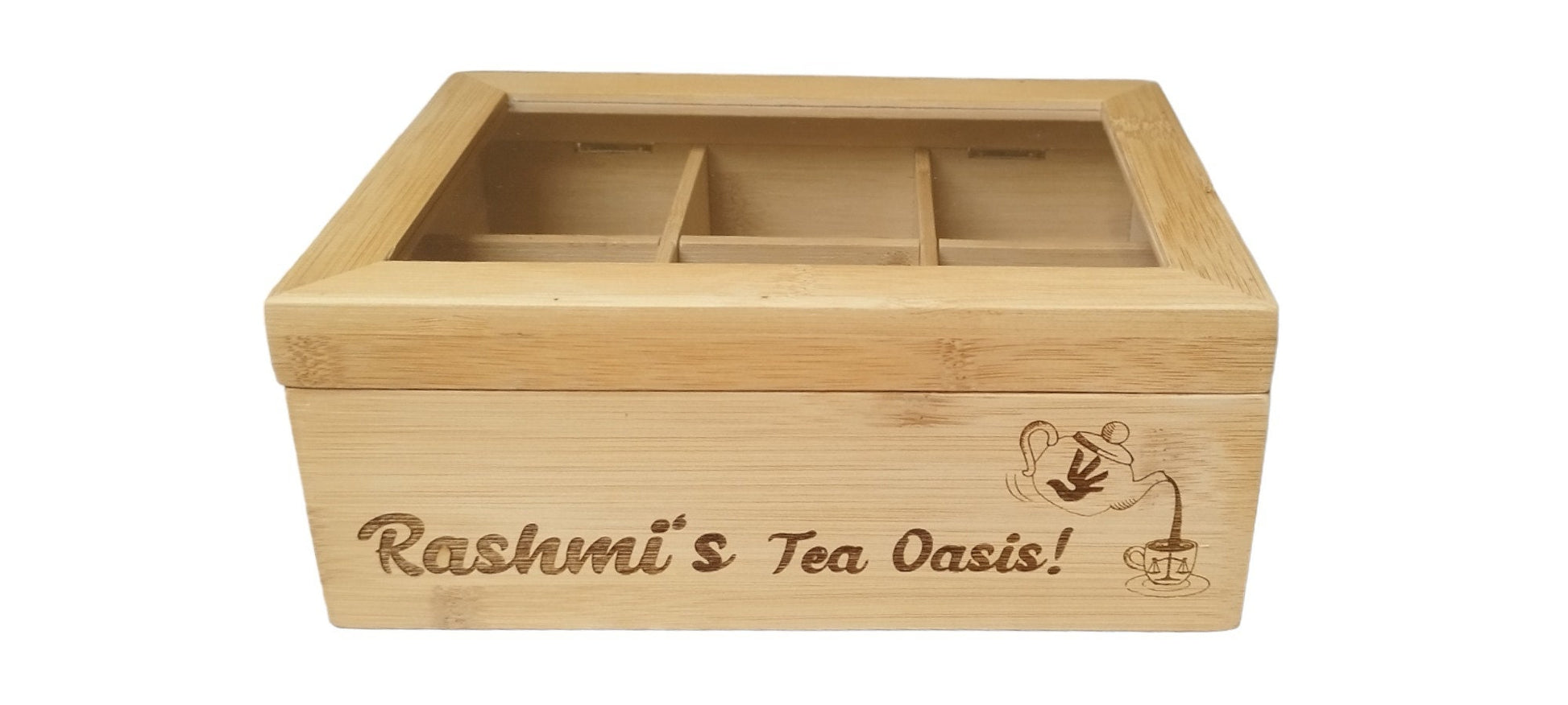 Personalisierte Tee Box - Ein einzigartiges Geschenk für Teeliebhaber! aus Bambus, mit 6 Fächern, mit Wunschgravur!
