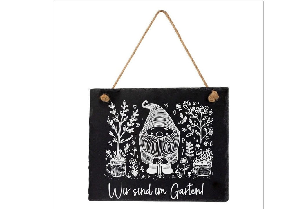 Dekoschild für die Haustür, Wir sind im Garten!, Info-Tafel, aus Schiefer, graviert, Geschenk, Dekoration, Hinweisschild, versch. Motive