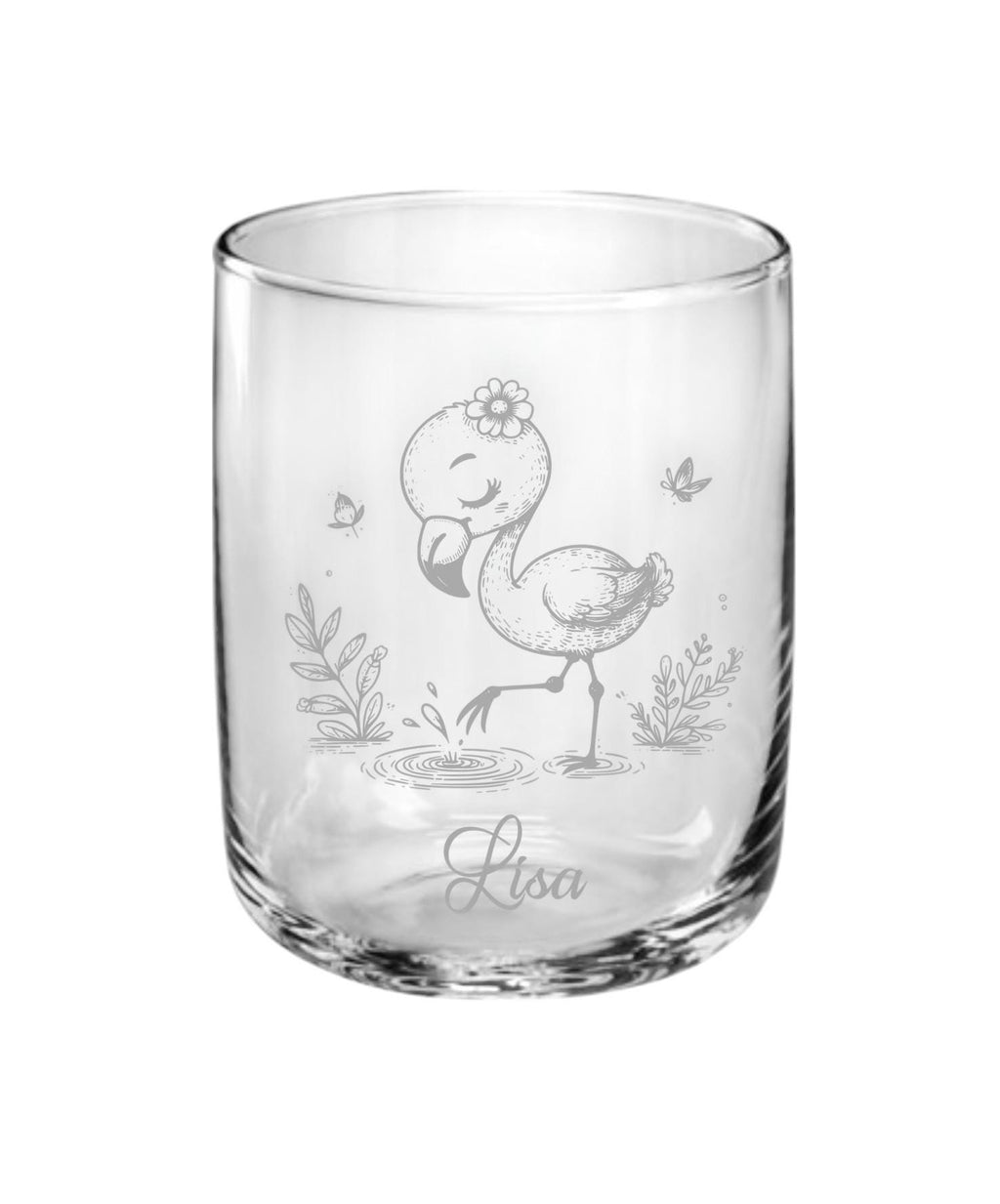 Flamingo Kinder Trinkglas mit Gravur, personalisiert mit Namen oder Wunschtext, 3 versch. Glasformen,  Geschenk für Flamingofans, Art.Nr.F1