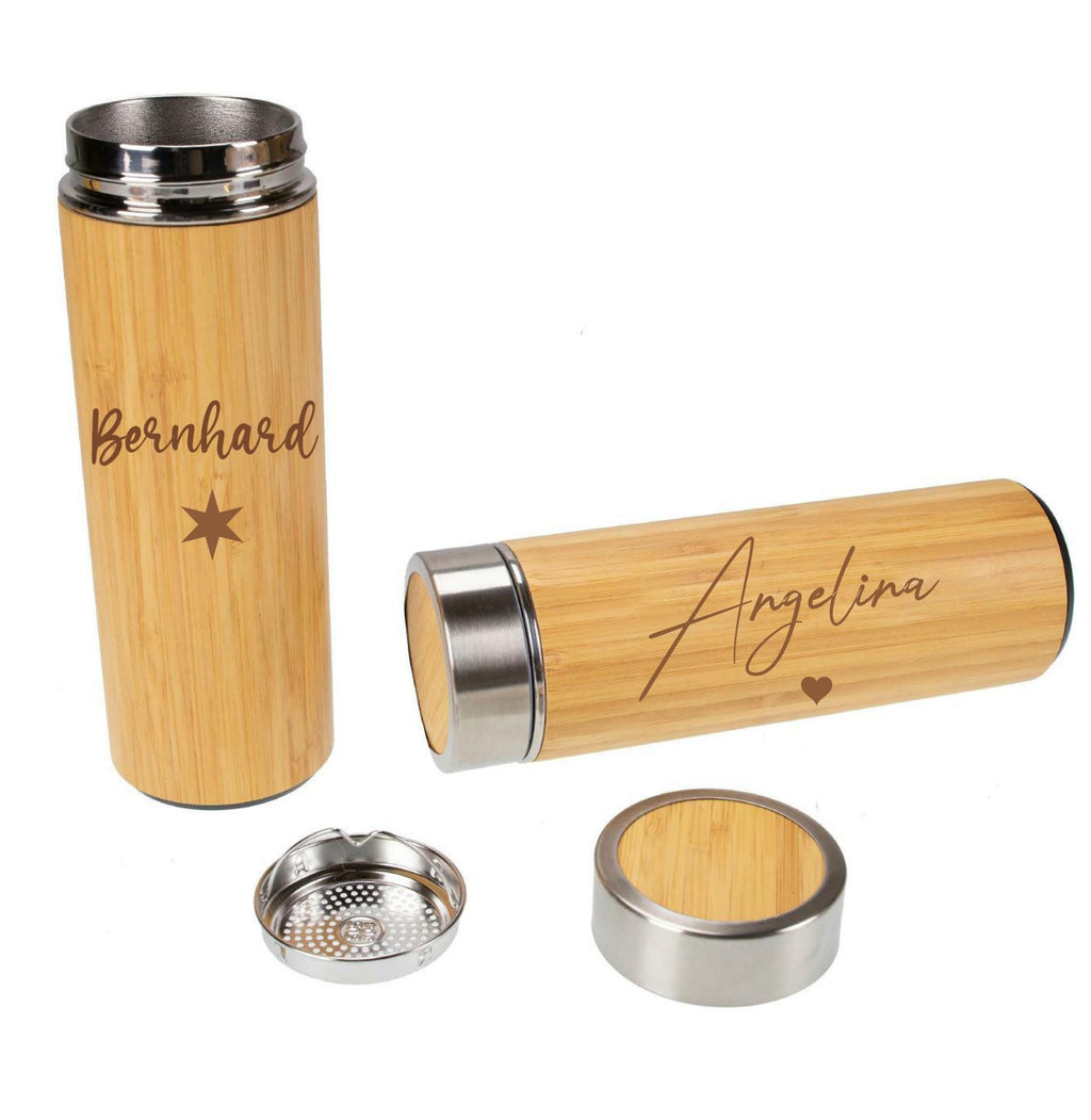 Bambus Thermobecher mit deinen Wunschnamen, doppelwandiger Isolation und Teesieb, tolles Geschenk für Teetrinker,  Art.-Nr. P481619