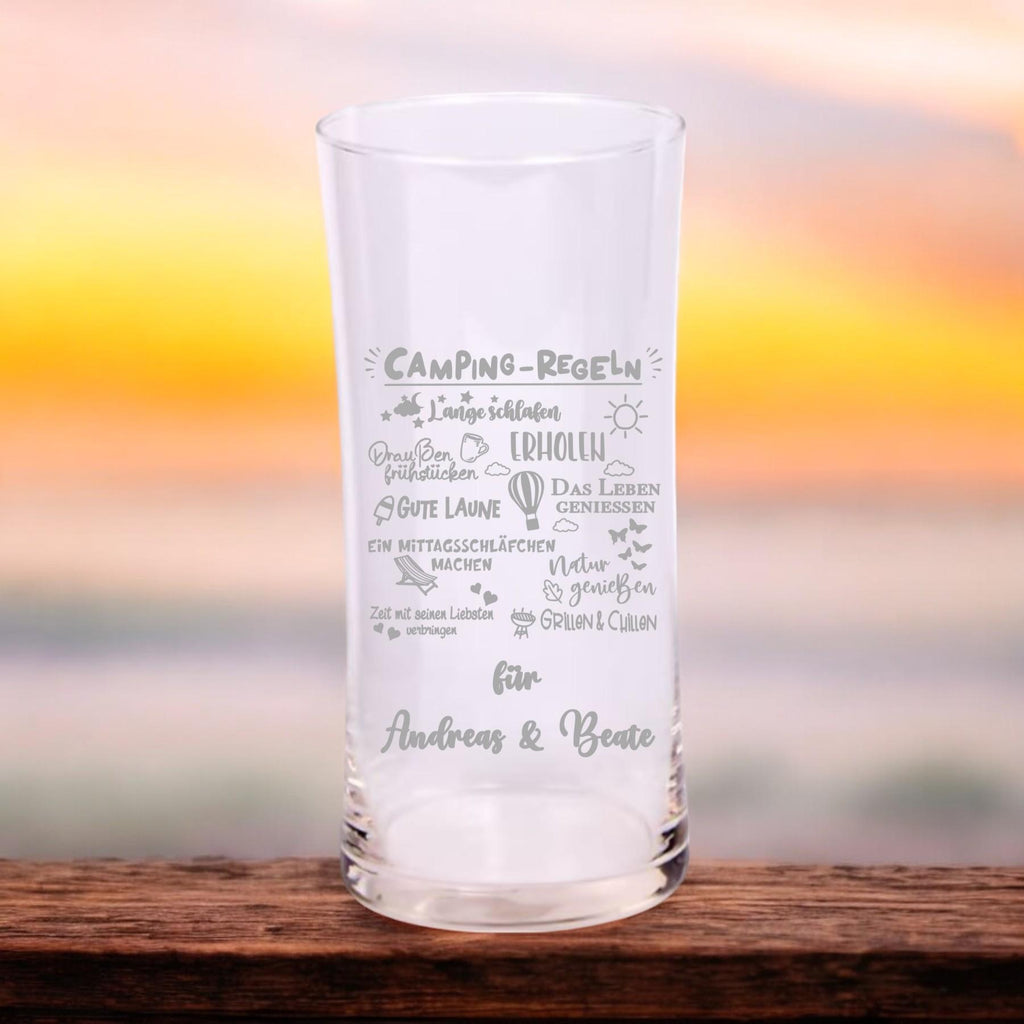 Großes Trinkglas mit Camping Regeln, Namensgravur, Geschenk für Camper, graviert, spülmaschinenfest, für Cocktails, Smoothies, Wasser, Saft