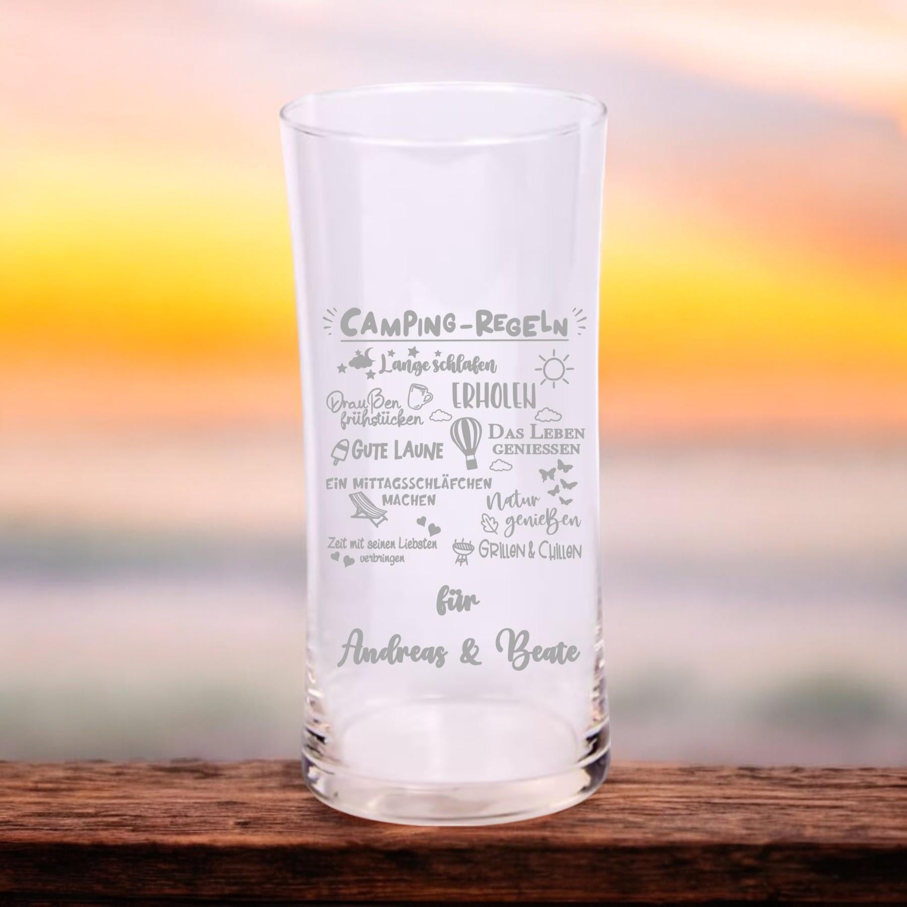 Großes Trinkglas mit Camping Regeln, Namensgravur, Geschenk für Camper, graviert, spülmaschinenfest, für Cocktails, Smoothies, Wasser, Saft