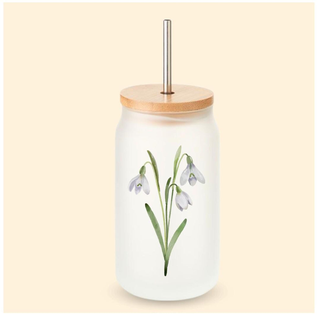 Trinkglas mit Deckel und Strohhalm, mit deiner Geburtstagsblume und Wunschnamen, Geschenk für den Geburtstag