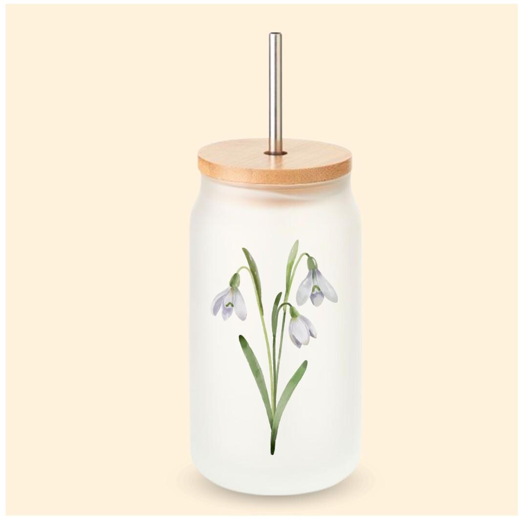 Trinkglas mit Deckel und Strohhalm, mit deiner Geburtstagsblume und Wunschnamen, Geschenk für den Geburtstag