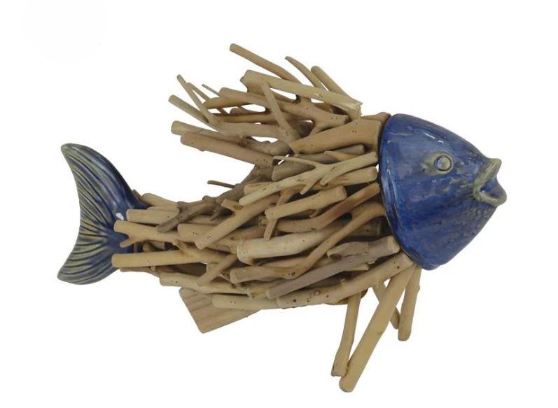Deko Fisch aus Treibholz und Keramik, 34 cm lang, stehend, maritime Deko für das Haus, sieht in jeden Zimmer gut aus,