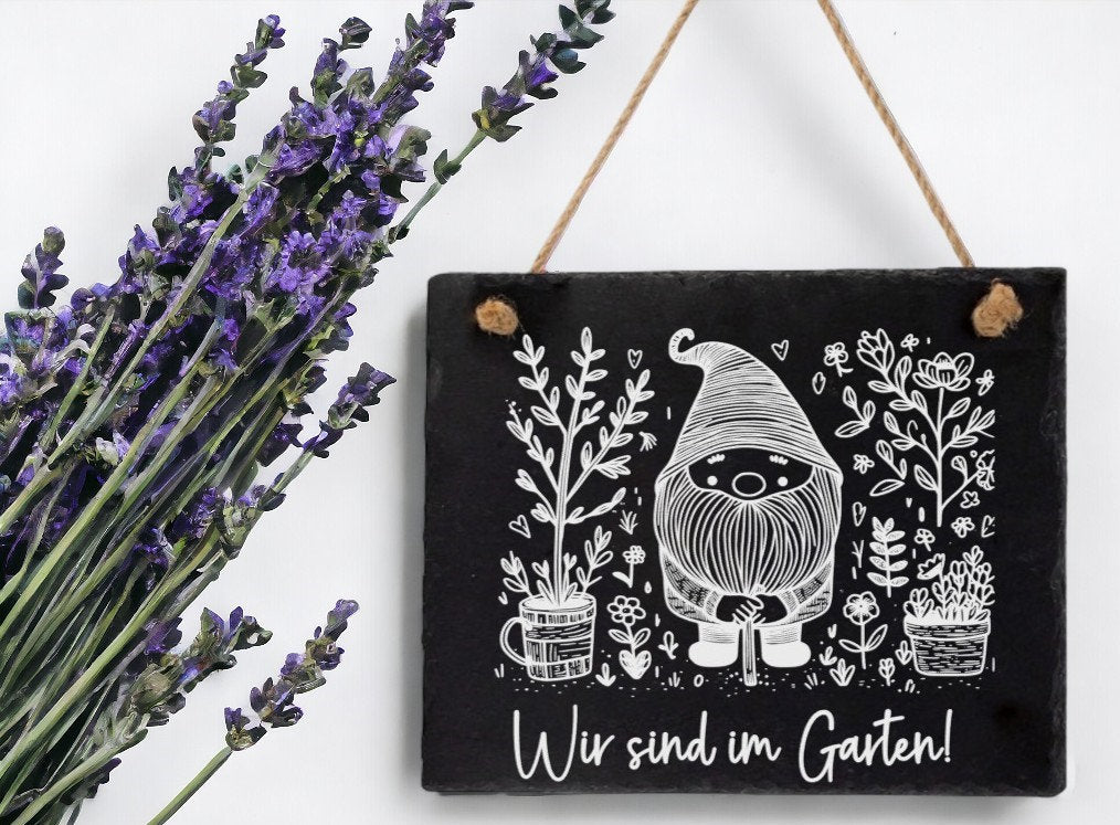 Dekoschild für die Haustür, Wir sind im Garten!, Info-Tafel, aus Schiefer, graviert, Geschenk, Dekoration, Hinweisschild, versch. Motive