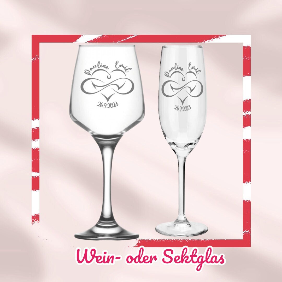 Weinglas oder Sektglas mit Namen und Datum personalisiert, Geschenk für die Hochzeit, das Brautpaar oder als Gastgeschenk