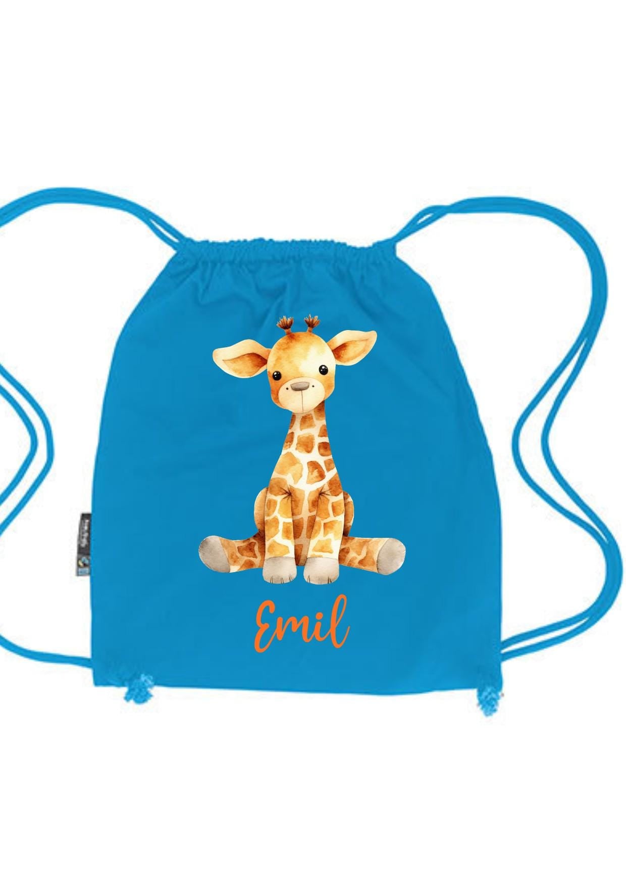 Turnbeutel mit Giraffe, personalisiert mit deinem Wunschnamen, waschbar, Baumwolle, für Schule, Freizeit, Kindergarten, Wäschebeutel