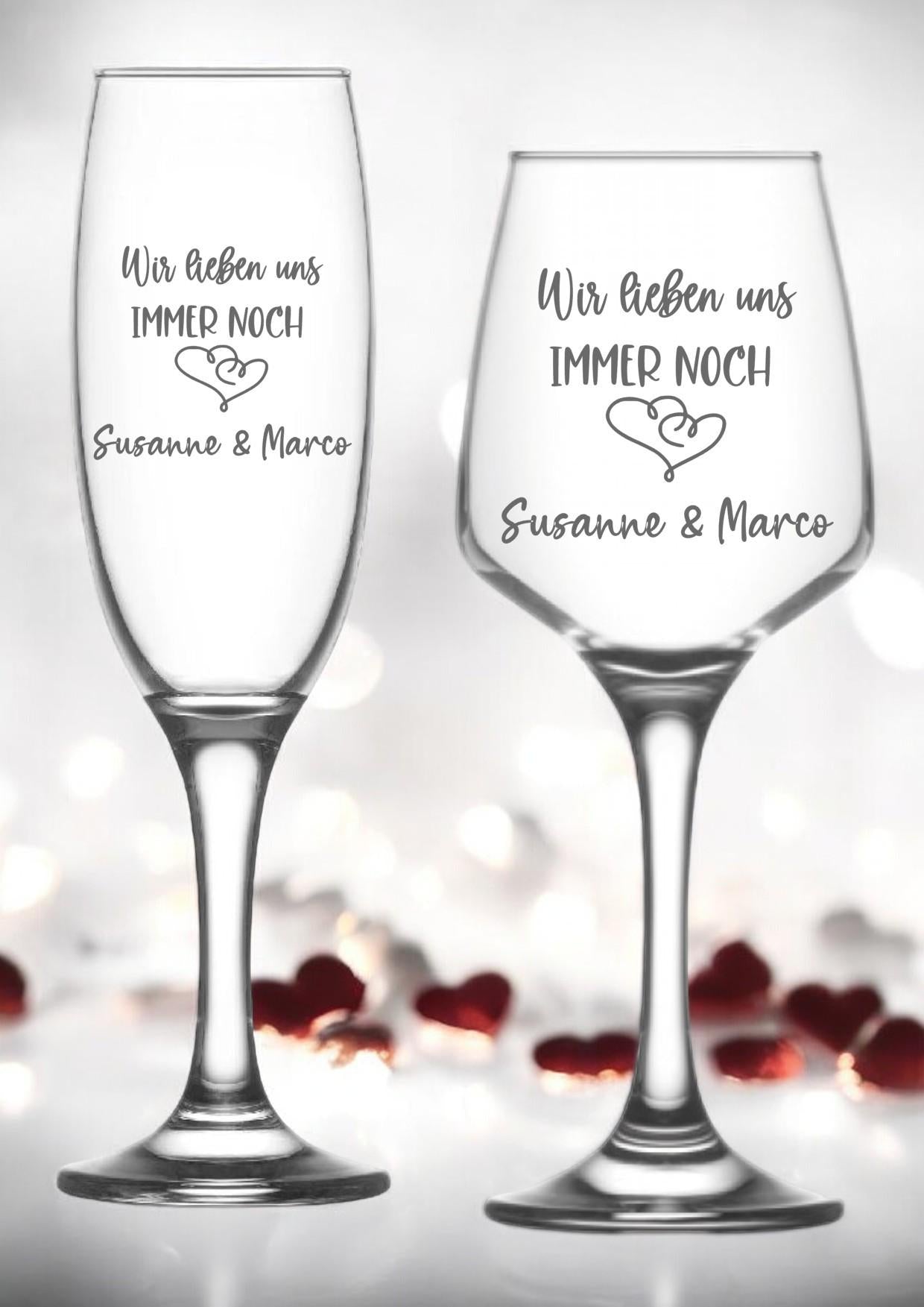 Personalisierte Sekt- oder Weingläser zum Hochzeitstag oder Jubiläum, mit Gravur, personalisiert mit deinen Wunschnamen, mit Botschaft