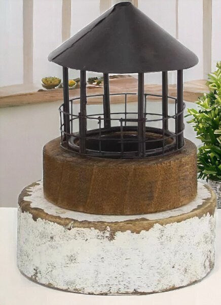 Teelicht-Halter, Leuchtturmkopf, Holz/Metall, 9,3x9,3x12cm, maritimes Windlicht, Leuchtturm, Windlicht, maritimer, rustikaler Style