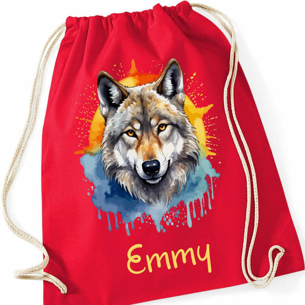 Turnbeutel Wolf, für Schule, Kindergarten, Freizeit, Geschenk für Kinder, verschiedene Farben und Motive, aus Baumwolle