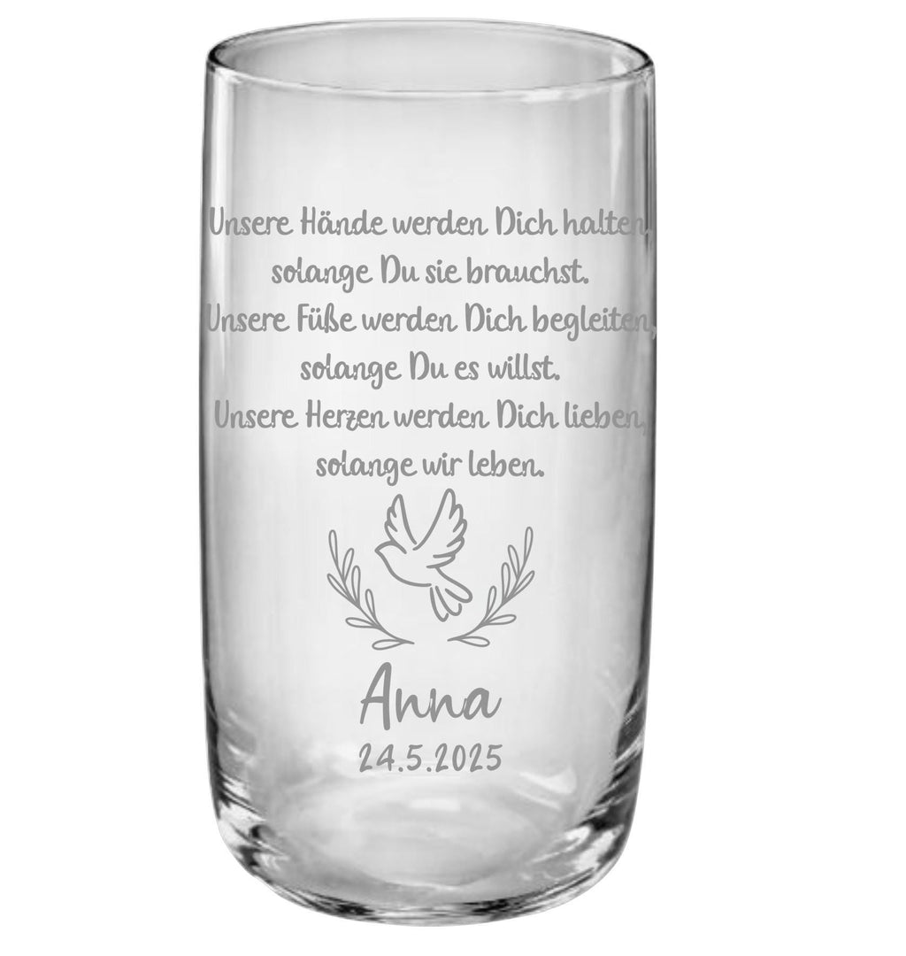 Trinkglas Kommunion, Konfirmation oder Taufe, personalisiert, graviert, Geschenk, mit Namen und Spruch, Gastgeschenk, Junge o. Mädchen