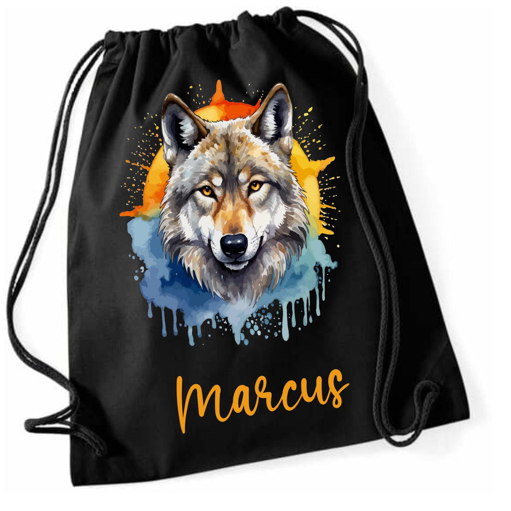 Turnbeutel Wolf, für Schule, Kindergarten, Freizeit, Geschenk für Kinder, verschiedene Farben und Motive, aus Baumwolle