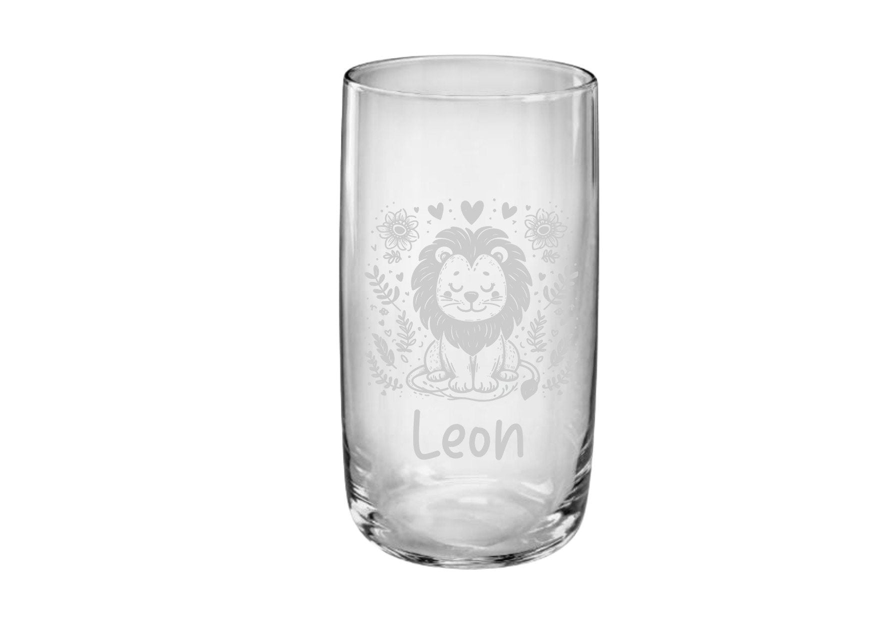 Graviertes Trinkglas mit Löwen und Namen für Kinder, gut geeignet für kleine Kinderhände, ideales Geschenk zum Geburtstag o.a. Kindertag