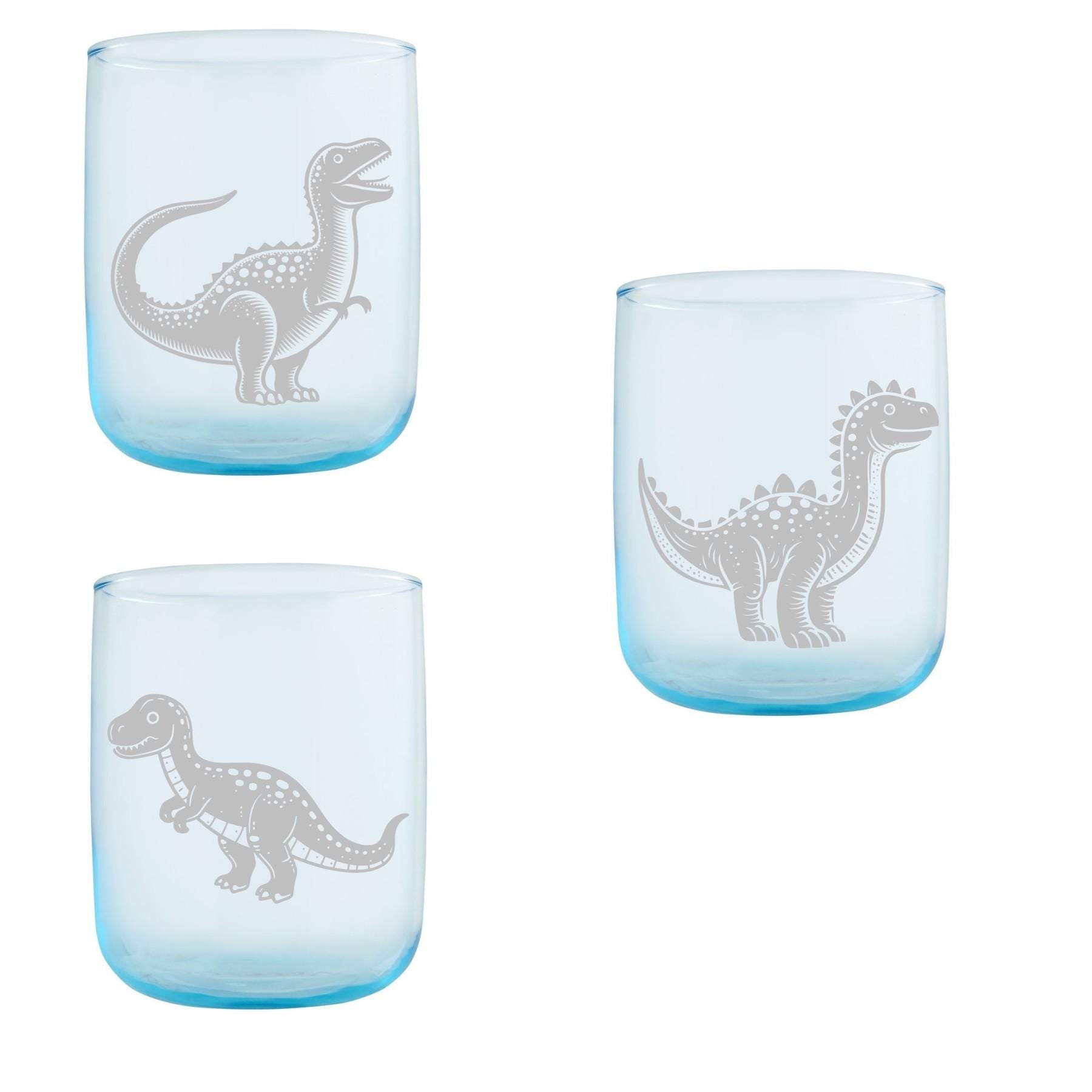 Zauberhafte Kinder-Gläser: Mit süßem Dino graviert – robust, spülmaschinenfest, perfekt für kleine Dino Fans, hellblau, 3 vers. Dinomotive