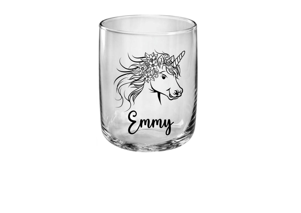 Bezauberndes Einhorn Kindertrinkglas mit personalisierbarem Namen, Spülmaschinen geeignet, robust, schönes Geschenk für Einhorn Fans
