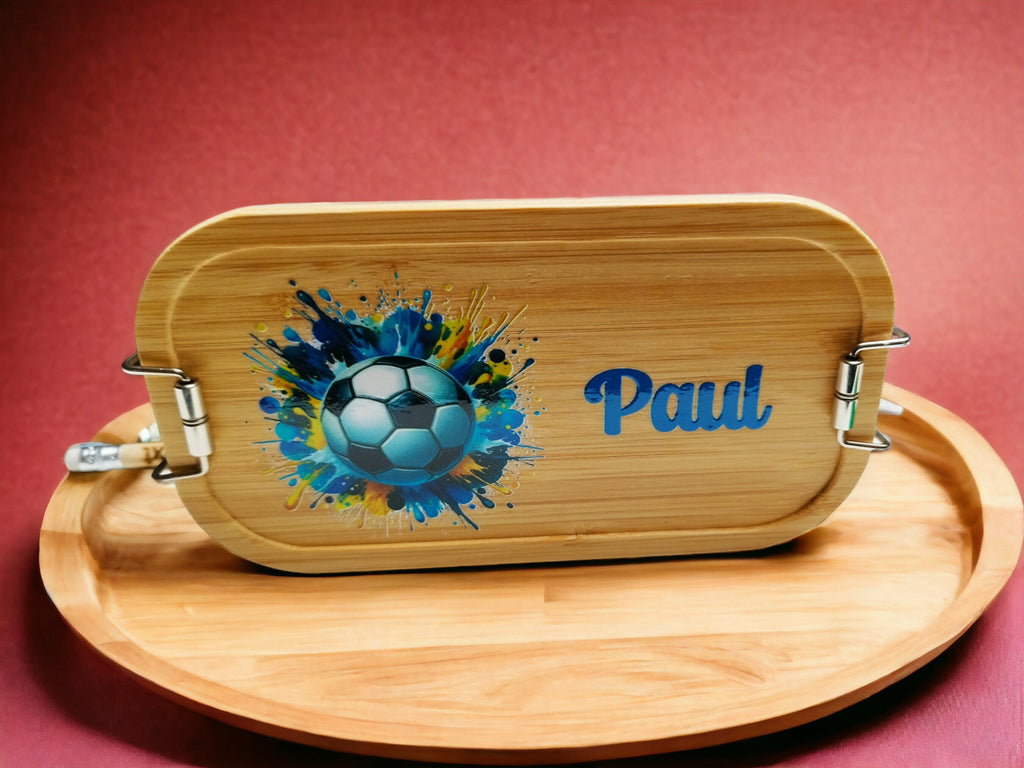 Lunchbox Fussball, mit Namen personalisiert, Bambus Brotdose, mit Trennsteg, versch. Designs / Farben, Geschenk für Fussballfans