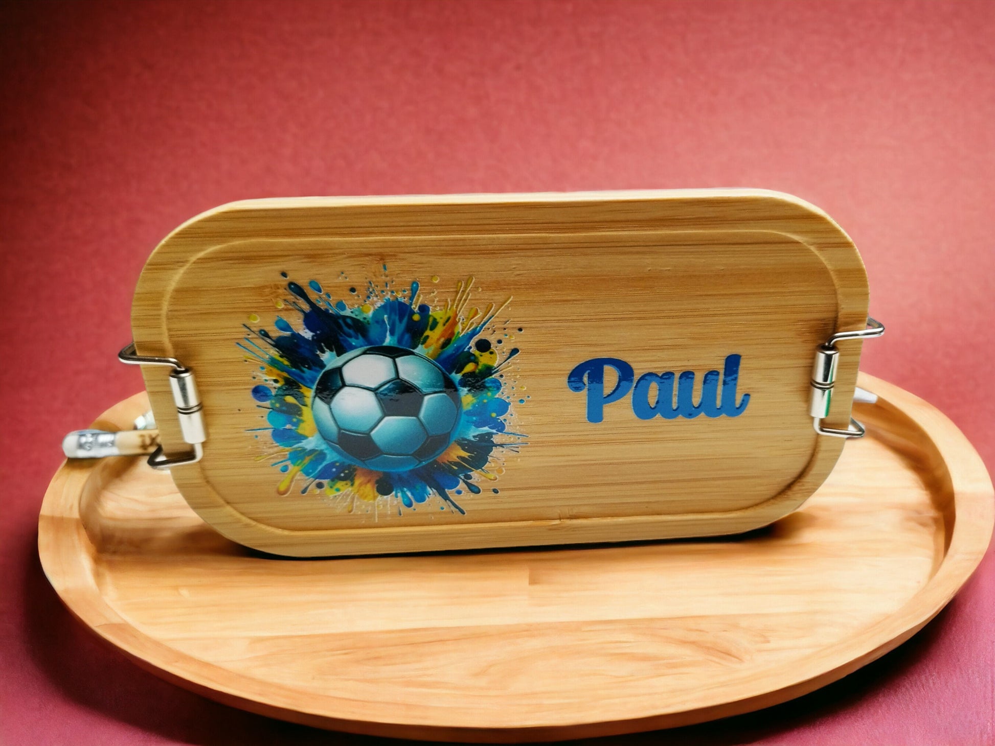 Lunchbox Fussball, mit Namen personalisiert, Bambus Brotdose, mit Trennsteg, versch. Designs / Farben, Geschenk für Fussballfans