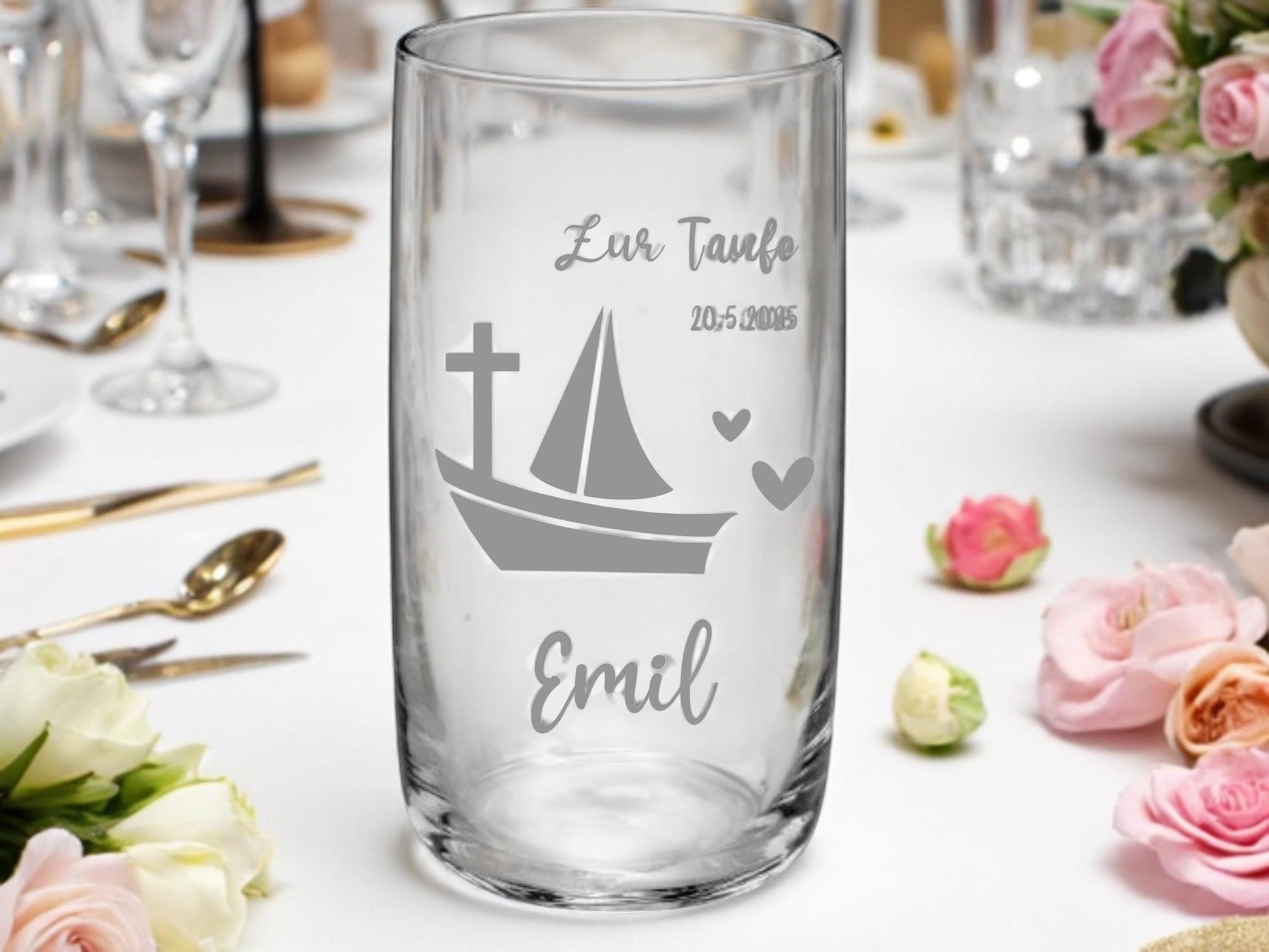 Trinkglas Kommunion, Konfirmation, Taufe, Geschenk Geburt, für Jungen und Mädchen, Erinnerungsgeschenk, graviert, personalisiert, mit Namen