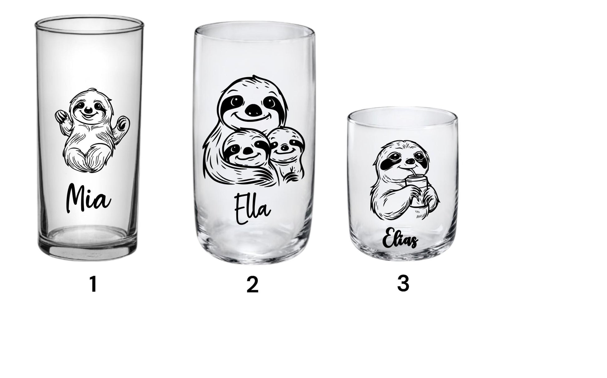 Elegantes Trinkglas mit graviertem Faultier-Motiv & Wunschname, Geschenk für Kinder, 3 Glas Formen zur Auswahl, Art.-Nr.  KT03