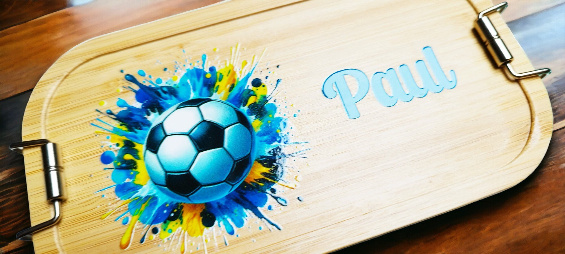 Lunchbox Fussball, mit Namen personalisiert, Bambus Brotdose, mit Trennsteg, versch. Designs / Farben, Geschenk für Fussballfans