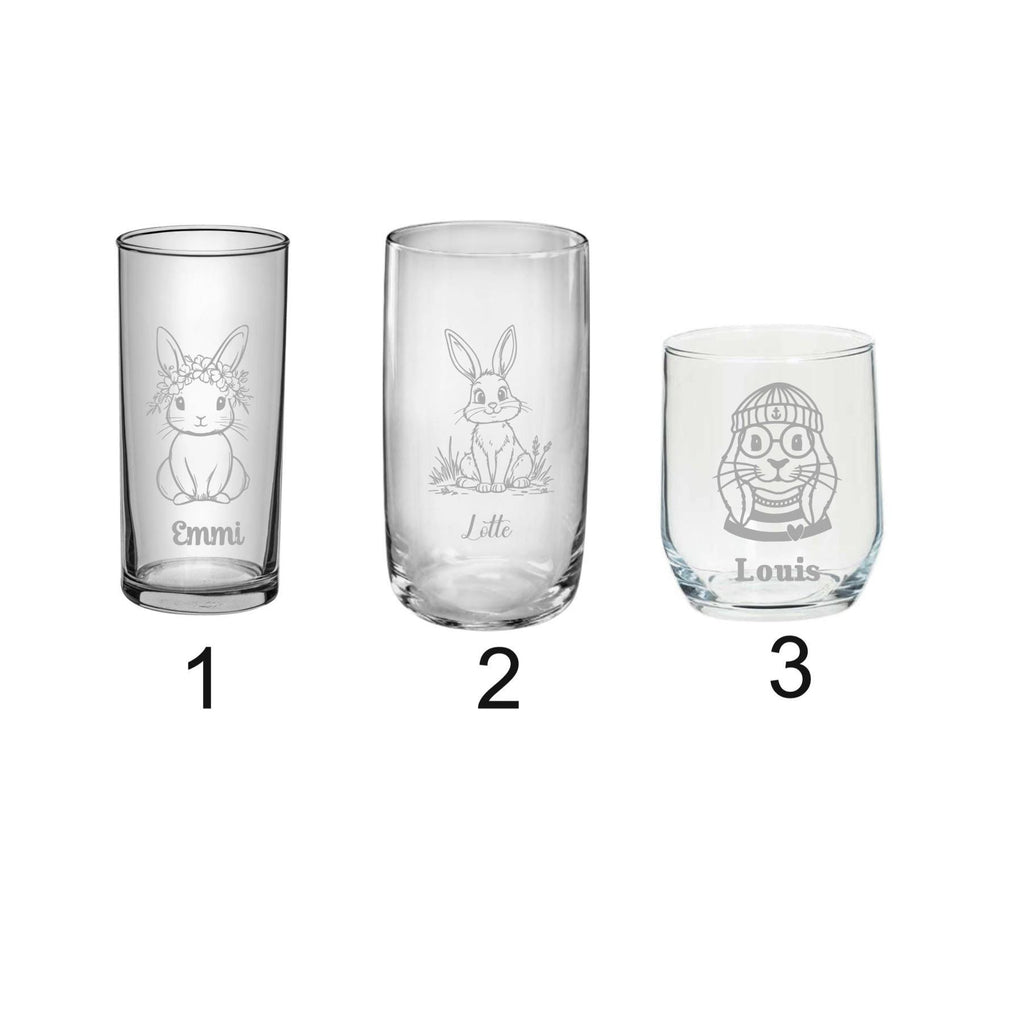 Trinkglas Hase mit Namen, versch. Glasgrößen und Motive, personalisiert, Geschenk für Hasenfreunde, Ostergeschenk, Geburtstag, Weihnachten