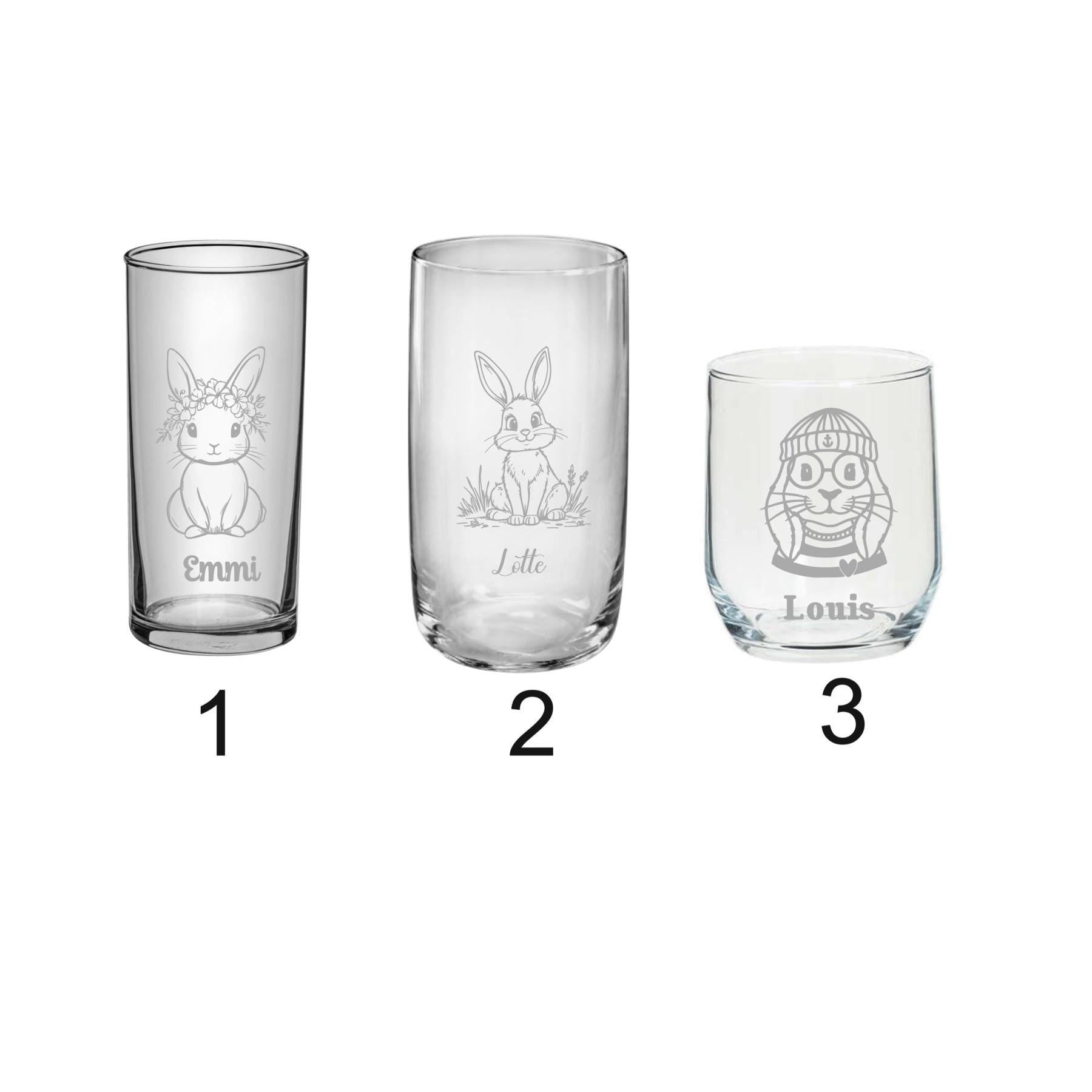 Trinkglas Hase mit Namen, versch. Glasgrößen und Motive, personalisiert, Geschenk für Hasenfreunde, Ostergeschenk, Geburtstag, Weihnachten