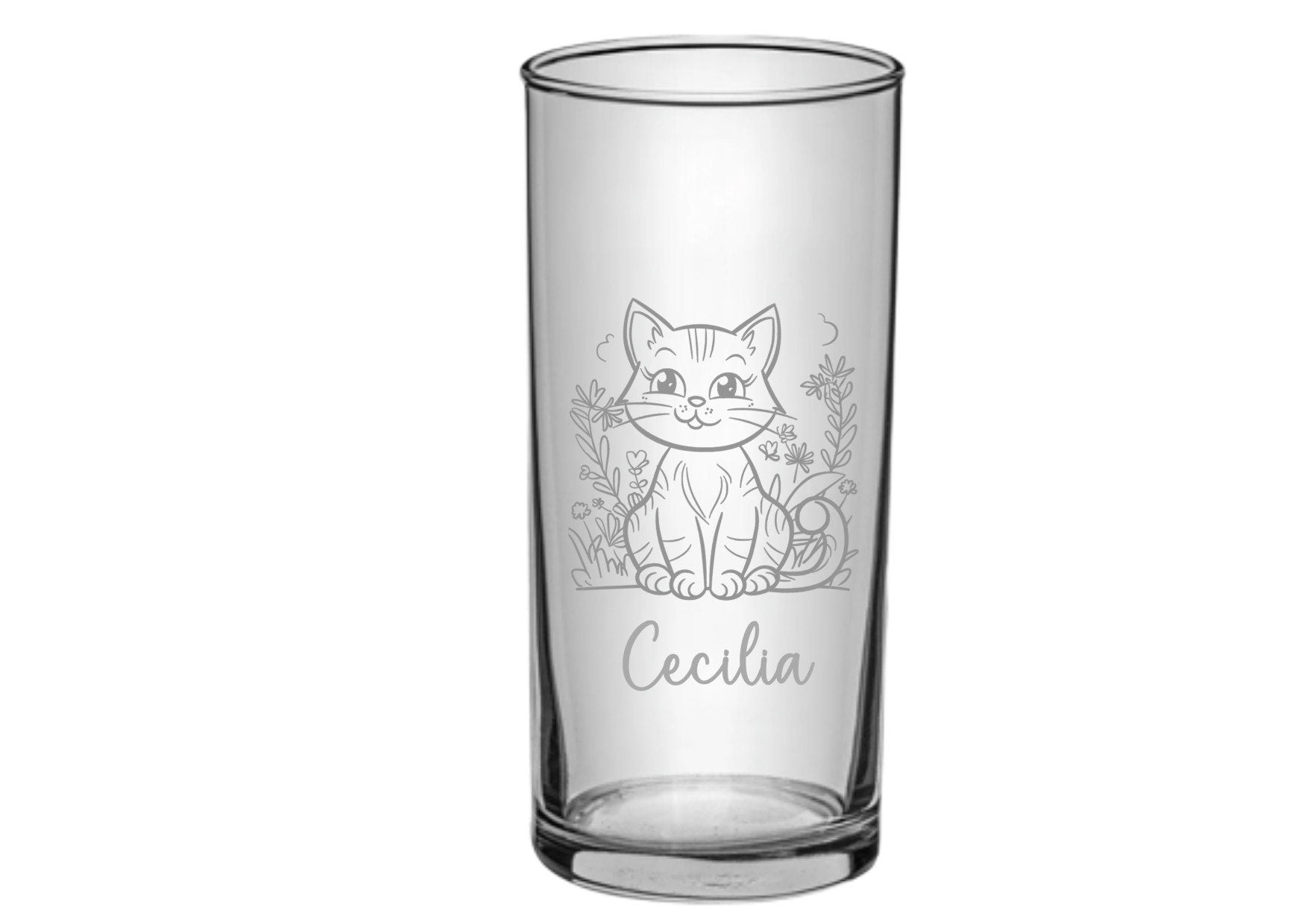 Kinder Trinkglas mit Gravur, personalisiert mit Namen, Wunschtext, versch. Katzen Motive, Wasserglas, graviert, Geschenk