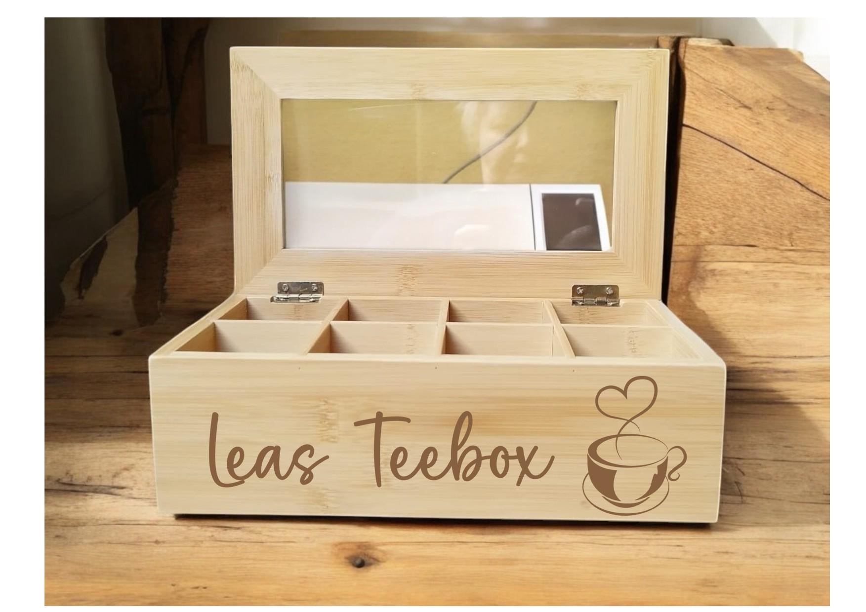 Personalisierte Tee Box - Ein einzigartiges Geschenk für Teeliebhaber! aus Bambus, mit 8 Fächern, mit Wunschgravur! Teekiste, TB1