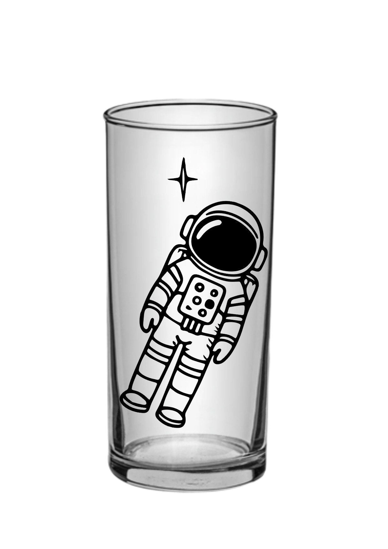 Personalisiertes Kindertrinkglas mit Namensgravur – Weltraumdesign mit Astronauten, mit deinem Wunschnamen, rundum Gravur, Sternen, Kometen