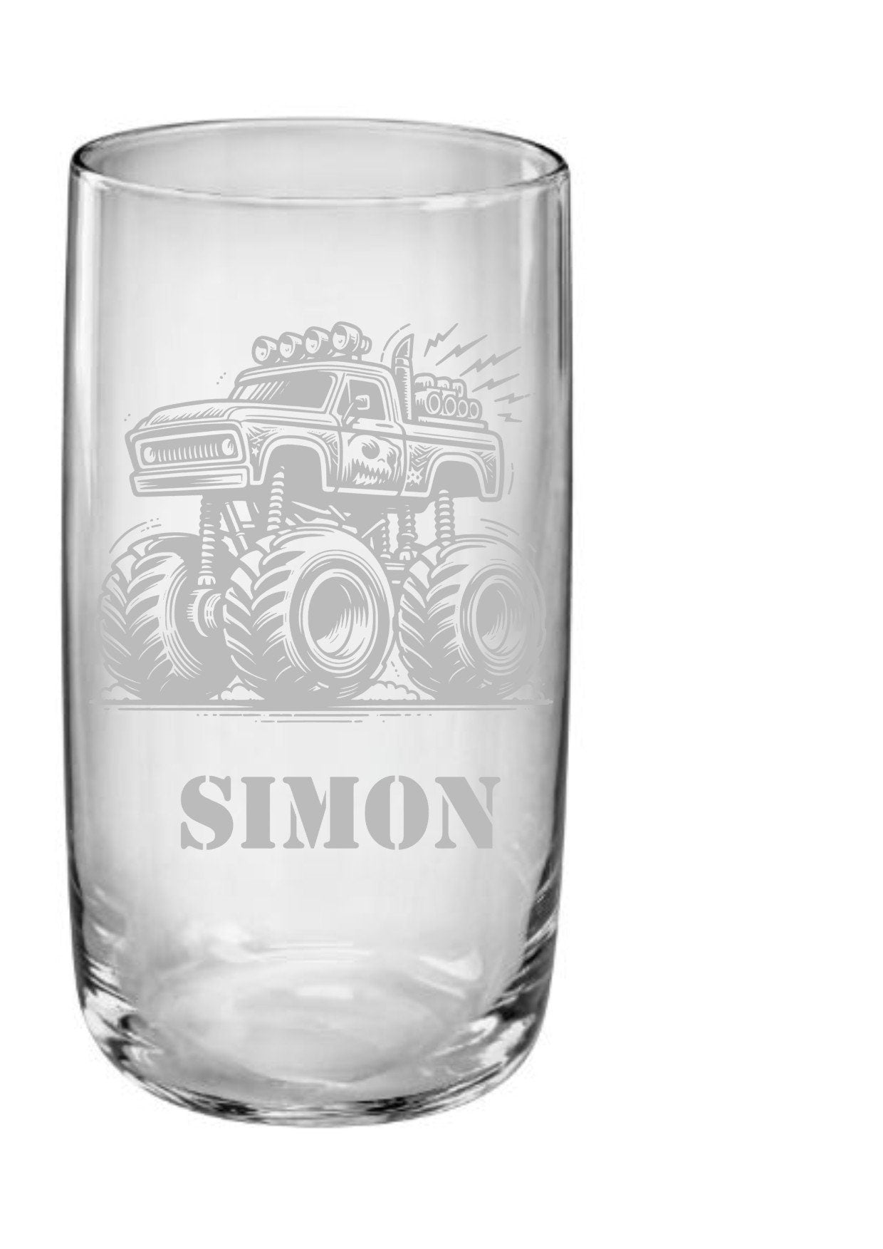 Trinkglas personalisiert mit Namen und Monstertrackmotiv, Geschenk, Kindertrinkglas