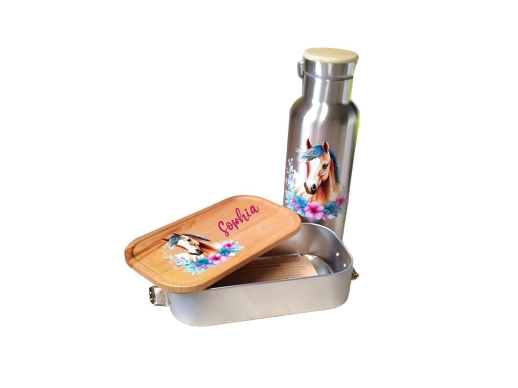 Lunchbox, Trinkflasche einzeln oder als Set, mit Namen personalisiert, Pferdemotiv, Geschenk für den Schulanfang, Kindergarten, für Kinder