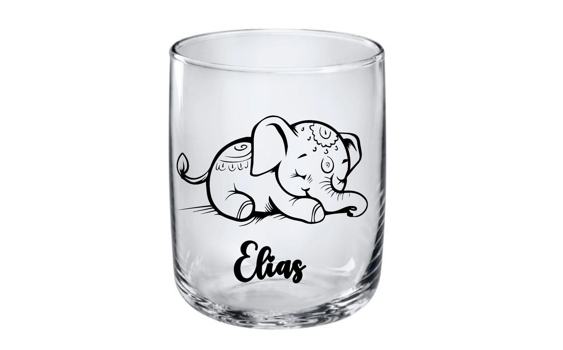 Elegantes Trinkglas mit graviertem Elefanten-Motiv & Wunschname, Geschenk für Kinder, 3 Glas Formen zur Auswahl, Art.-Nr.  KT03